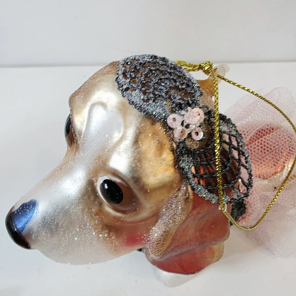 Blown Glass Hound Dog Dressed in Sequins Pink Skirt Glitter Christmas Ornament